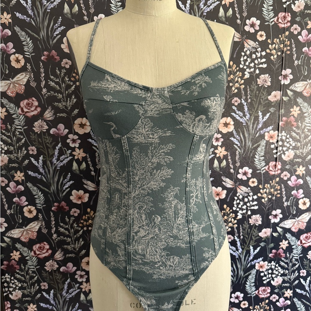Green Toile Print Bodysuit